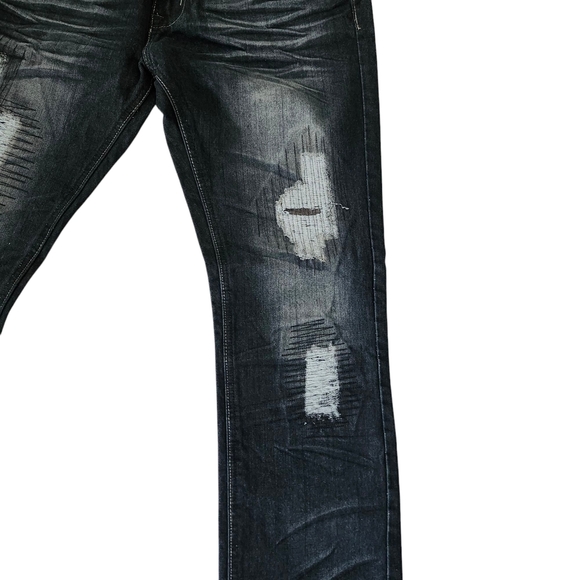 Men's Blue Black Wash Distressed Denim Jeans (No Tags, Never Worn) - Picture 3 of 10